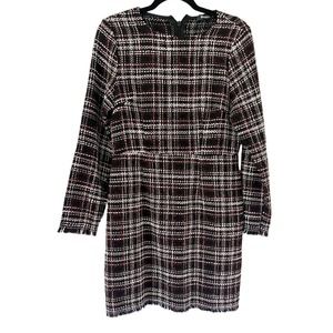 Missguided Black Red White Plaid Tweed Fringe Long Sleeve Shift Dress Size 10